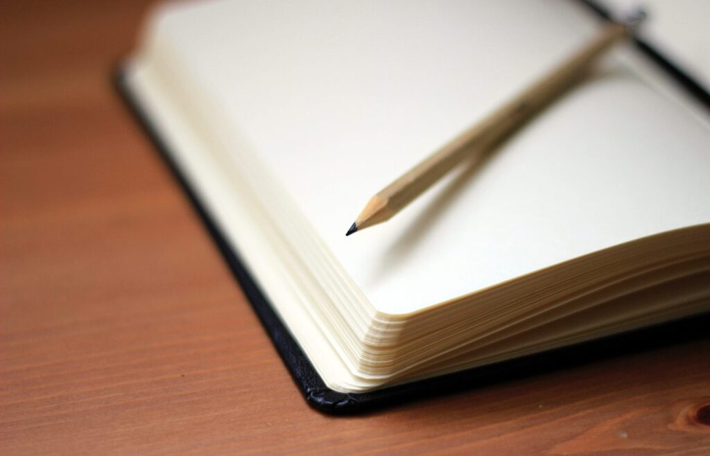 Carnet ouvert et crayon posés sur un plan de travail